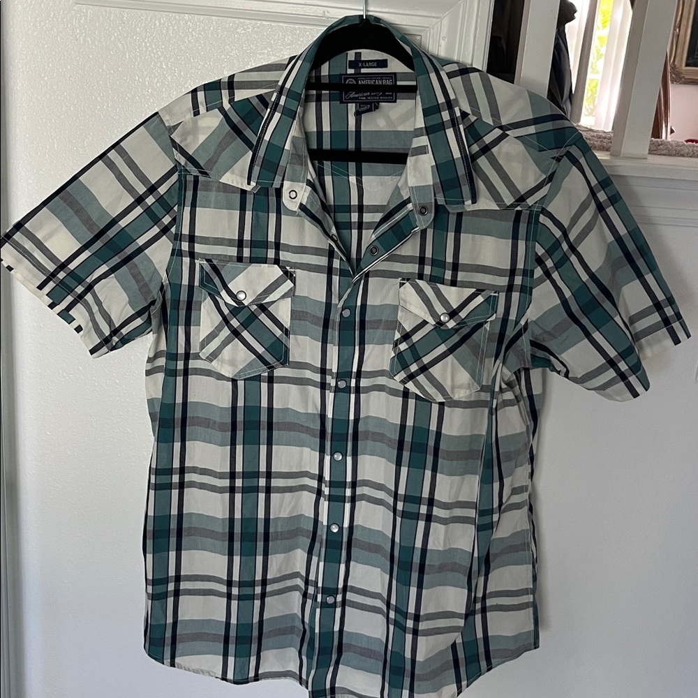 American Rag Men’s Short-sleeve, Blue Plaid, X-Large, Snap button down shirt
